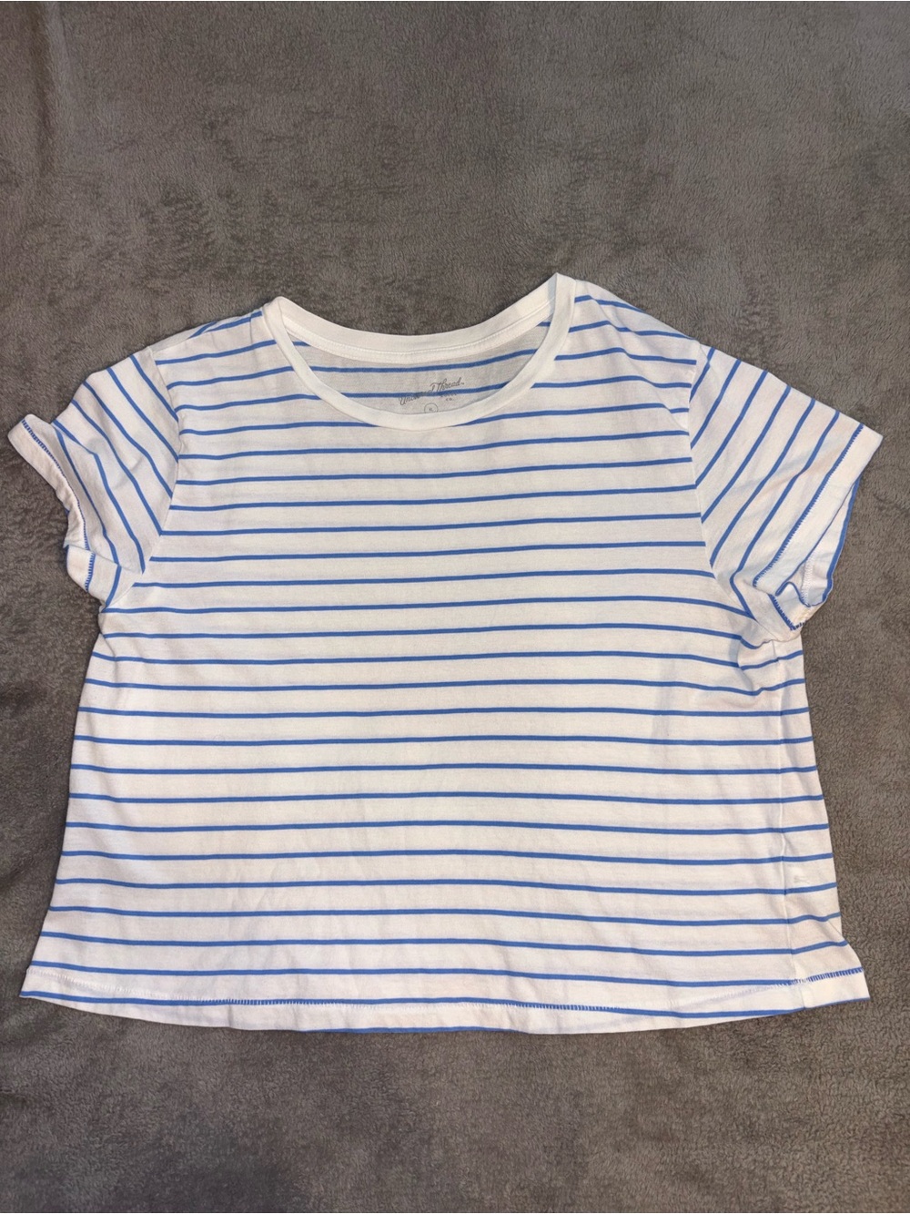 Women’s' White & Light Blue Striped Cropped Tee - Casual Short Sleeve